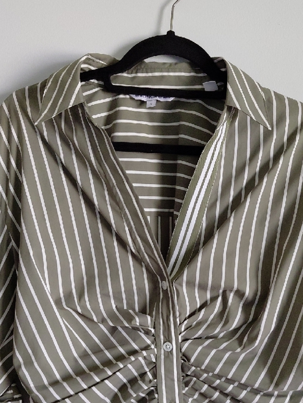 Veronica Beard Green Devra Ruched Striped Stretch-Cotton Button-Front Top - Picture 3 of 12